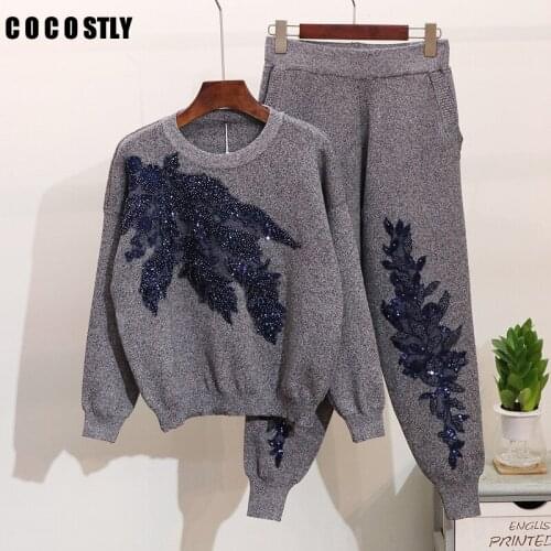 Autumn 2 Piece Set Women Floral Sequins Beaded Knit Sweater and Pants Suit Casual matching sets Femme Chandal Mujer Outfits