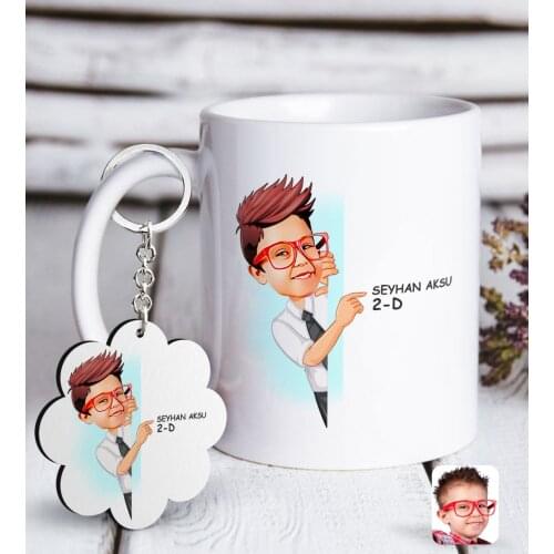 Personalized Men 'S Primary school Student Caricature Of White mug And Keychain Gift Seti-3