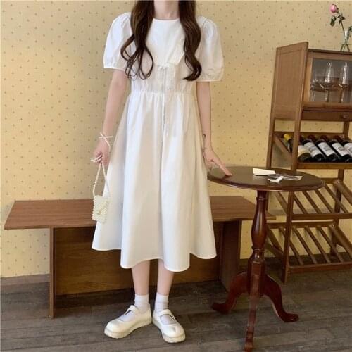 Dress for Women Round Neck White Short-sleeved Dress Female Summer New Korean Style High Waist Slim Midi Skirt