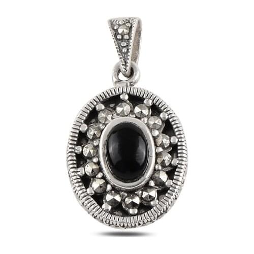 Silver 925 Sterling Onyx & Marcasite Pendant