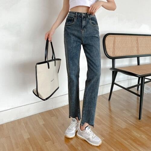 Shnsophi Summer Streetwear Female Retro Washed Straight Hole Denim Pants Women Wide Leg Jeans Mom Ankle Length Ladies Trousers