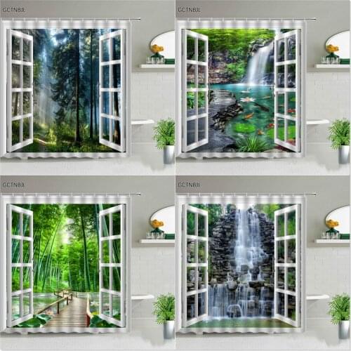Natural Forest Landscape Shower Curtains Set Waterfall Green Bamboo Tropical Plants Scenery For Bathroom Decor Screen With Hooks