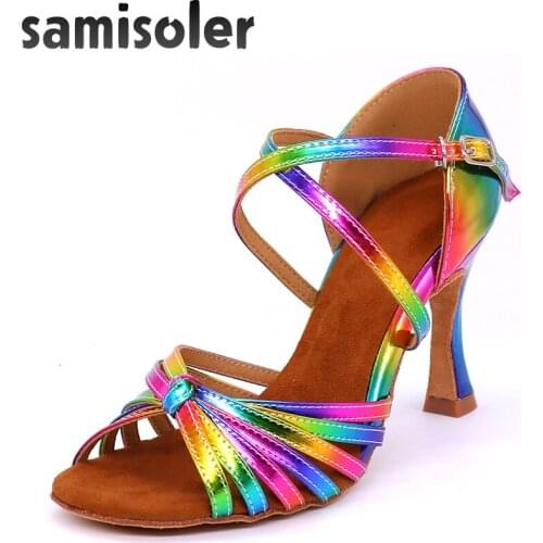 Samisoler Rainbow Colors Women Latin Dance Competition Shoes satin Dance Shoes bright PU Womens Salsa Tango Latin dance shoes