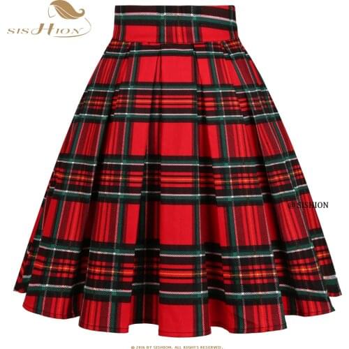SISHION Checkered Cotton Women Midi Skirt High Waist Pin Up Hepburn Retro Vintage Swing 50s 60s Rockabilly Plaid Skirt SS0012