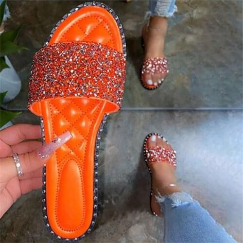 2020 Womens Summer Slippers Flat Sandals Outdoor Beach Shoes Rhinestones Bling Open Toe Fashion Plus Size 42