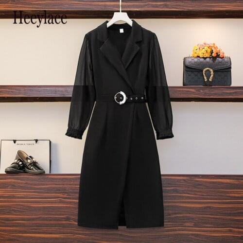 Plus size Dresses Elegant Notched Long Sleeve Black Dress Autumn Chiffon Women Dress 2021 Solid Black High Waist A-line Vestidos