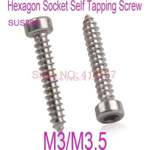100pcs/lot Stainless Steel 304 M3/M3.5 Hexagon Socket Self Tapping Screw Length 6mm--45mm