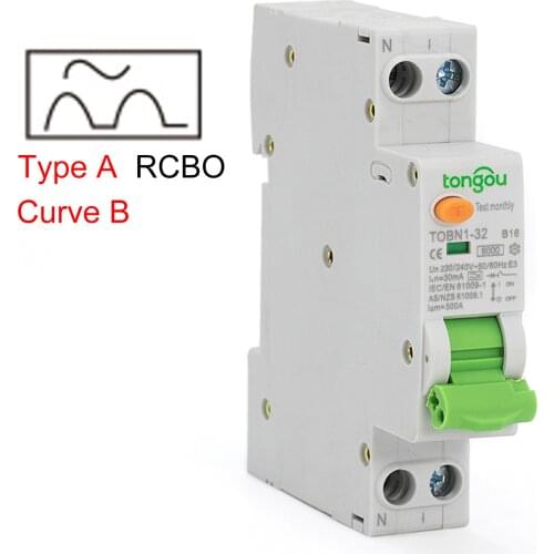 220V 1P+N Type A Curve B 6KA Residual Current Circuit Breaker with Over Current and Leakage Protection 10mA 30mA RCBO