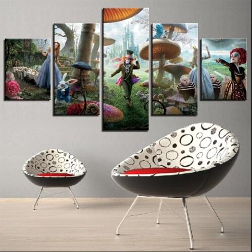 5 Pieces Wonderland Canvas Painting Movie Posters Alice In Forest Wallpapers Animal Picture For Home Kids Room Decor Abstract