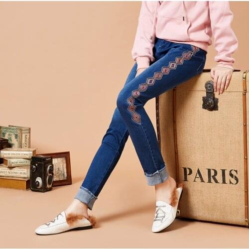 ARTKA 2018 Autumn and Winter Women Vintage Geometric Embroidery Pants Fashion Tassels All-match Jeans KN15081Q