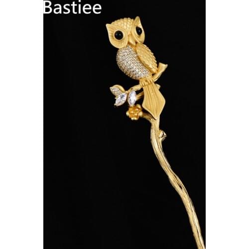 Bastiee Banquet Hair Jewelry 925 Sterling Silver Hair Stick Women Luxury Golden Plated Owl Hairpin Zircon Accessories