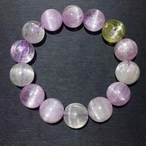 Genuine Natural Purple Kunzite Quartz Clear Round Beads Bracelet 14.7mm Cat Eye Women Men Colorful Kunzite Powerful AAAAAA