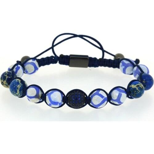 8mm Semi precious Blue Imperial Stone Bead Gun Black Color Round Royal Blue CZ Zircon Charm Adjustable Macrame Bracelet For Man