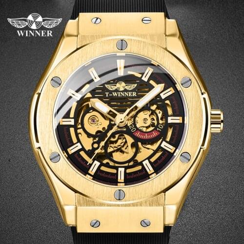 WINNER Official Black Gold Mans Clocks Cilicone Strap Automatic 3 Eyes Watches Relogio Masculino