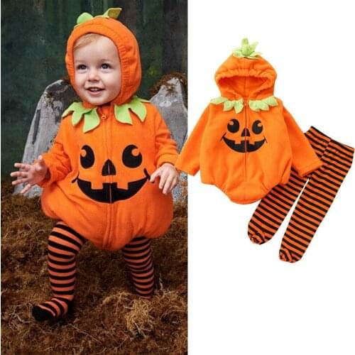 2021 Halloween Baby Clothes Sets Boys Girls Long Sleeve Hooded Romper Coat + Striped Leggings Autumn Winter Toddler Outfit 0-24M