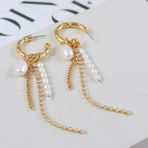 European and American temperament bamboo C-shaped opening chain tassels freshwater pearl long earrings earrings female