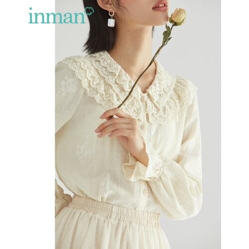INMAN Autumn Spring Womens Blouse Elegant French Style Lace Collar Embroidery Elastic Cuffs Feminine Pastoral Long Sleeve Shirt