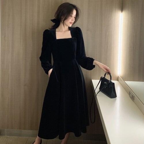 Korean velvet Dresses Autumn 2020 plus size M-6XL French Vintage Hepburn Style Square Neck Black Dress Winter velour Dresses