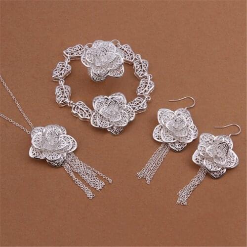 Hot charm 925 sterling Silver Jewelry sets for women fine flower earrings necklace ring bracelet Fashion Party wedding girl Gift