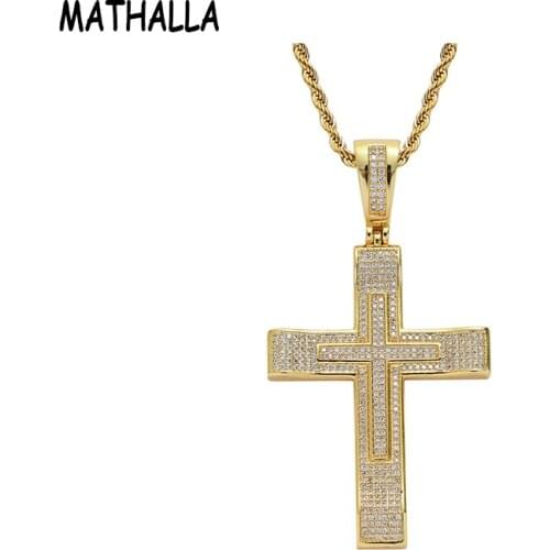 MATHALLA Religious Jewelry Real Gold Plated Brass Mens Iced Out Cubic Zircon Cross Pendant Hiphop Micro Paved CZ Charm Necklace