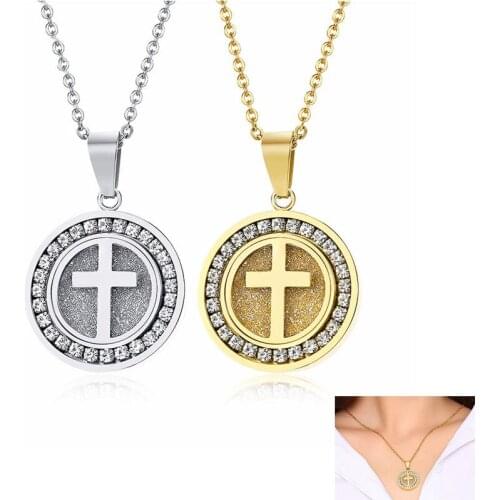 Fashion Necklace Jewelry Golden stainless steel Inlaid AAA Cubic Zirconia Cross Round Women Pendant Necklace