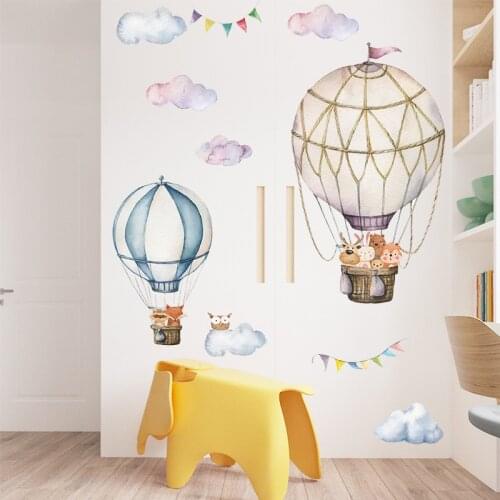 Cartoon Hot Air Balloon Wall Stickers For Kids Room Baby Nursery Room Decoration Animals Wall Decals Removable Cloud Art Mural