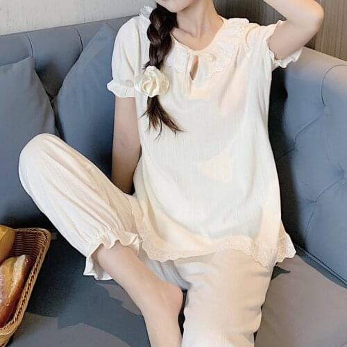 INS Sweet Cute Students Home Wear Clothes New Spring Summer Cotton Pijamas Women Short Sleeve Trousers Sleepwear Pajamas Set