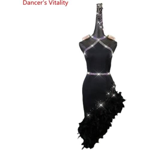 Latin Dance Dress Diamond-Studded Feather Skirt Competition Clothing Professional Custom Child Adult Performance Clothes