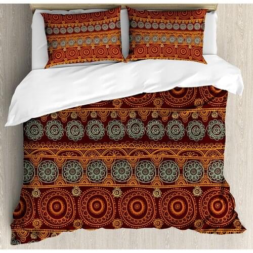 Primitive Duvet Cover Set Queen Size Aboriginal Patterns with Round Line Floral Style Circles 3 Piece Bedding Set Orange