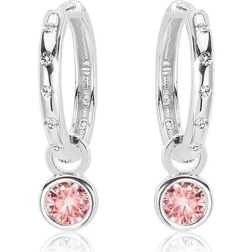 Valori Jewels Stylish Round, Zirconia Pink Gemstone, Rhodium Plated, Sterling Silver Small Stylish Hoop Charm Earrings