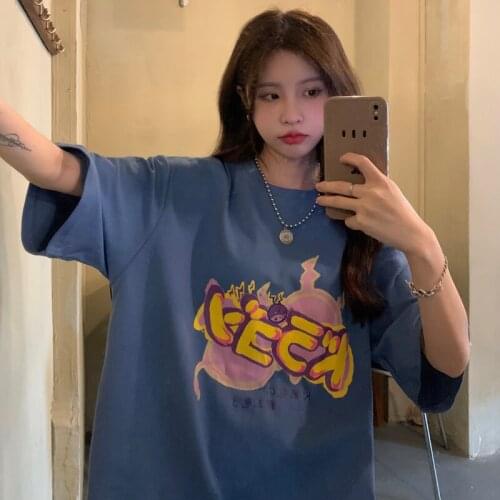 Loose Lazy Letter Print Tshirt Womens T-shirts Tops Japanese Kawaii Ladies Ulzzang Female Korean Harajuku Clothes For Women