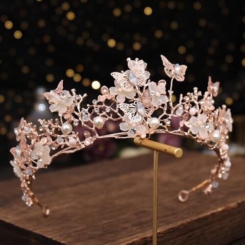 Vintage Gold Flower Butterfly Bridal Tiaras Crowns Baroque Pearl Pageant Diadem Headpiece Hair Jewelry Wedding Hair Accessories