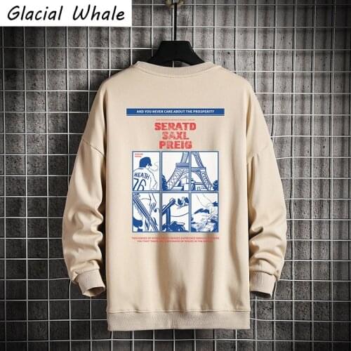 GlacialWhale Crewneck Sweatshirt Men 2021 Autumn Anime Printed Hip hop Streetwear Sweatshirt Harajuku Oversized Khaki Hoodie Men