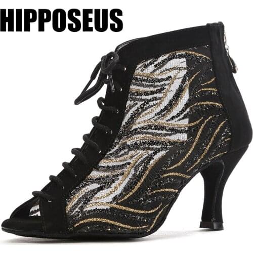 Hipposeus Dance-Shoes Women Latin Ballroom Salsa Tango Modern Dance Shoes Girls Female Soft Bottom Thin Heel Party Dancing Shoes