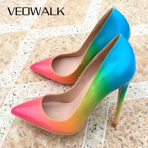 Veowalk Gradient Three Colors Women Extremely High Heels Ladies Patent Leather Pointed Toe Stilettos Cute Pumps Shoes 8/10/12cm