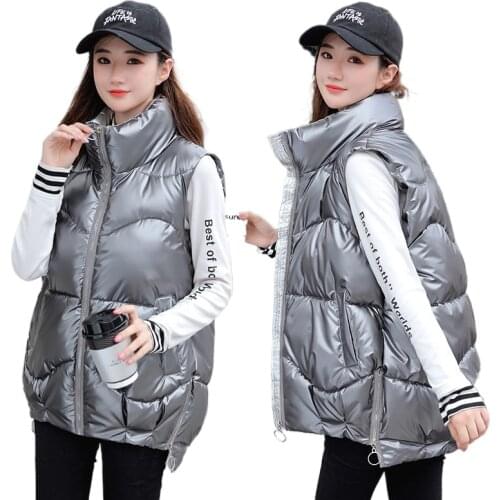 2021 Winter Womens Long Vest Shiny Solid Sleeveless Jacket Plus Size Stand Collar Cotton Padded Thick Casual Outwear