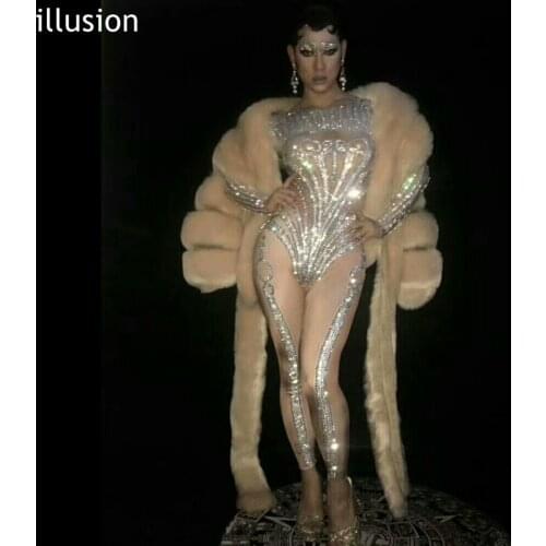Sexy Stage Full Diamond Charcoal Sparkling Crystals Women Sexy Jumpsuit Nightclub Birthday Party Clothing Celebrate Stage Wear