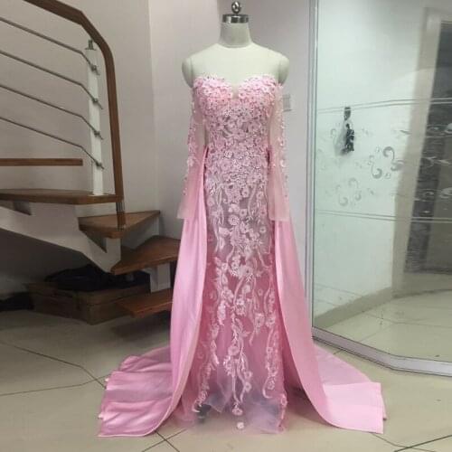 Pink Illusion Waist Mermaid Evening Dresses Off the Shoulder Abric Dubai Evening Gown Pleat Skirt Special Occasion Dress 2019