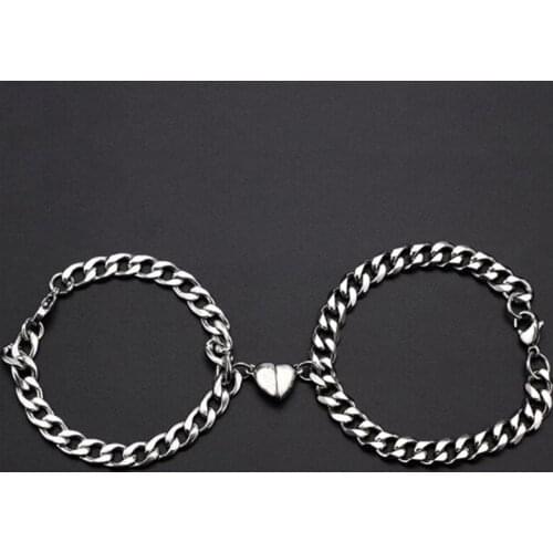 2Pcs/Set Heart shaped Magnet attraction Bracelet for couples Stainless steel Cuba chain mens and womens charm Jewelry gifts
