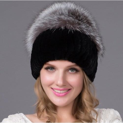 2018 Womens Genuine Rex Rabbit Fur Hats Winter Rex Rabbit Fur Beanies Striped Head Top fox Fur Warm Real Fur Knit Caps