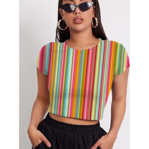 3d Tshirt Colorful T-shirt Women Stripe Funny T shirts Gradient Navel Bare Rainbow T-shirts 3d Womens Clothing Punk Rock Fashion