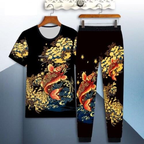 3D carp print mens casual suit summer short-sleeved T-shirt + trousers 2-piece trend Chinese style mens clothing