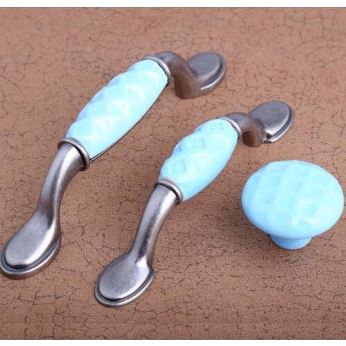 96mm european retro blue Relief ceramic kitchen cabinet dresser door handles 76mm blue antique silver drawer cupboard knob pull