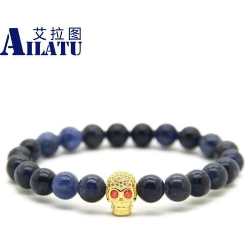 Ailatu Mens Beaded Yoga Bracelet Made By 8mm Natural Blue Veins Stone Beads and Micro Pave Zircon Skull