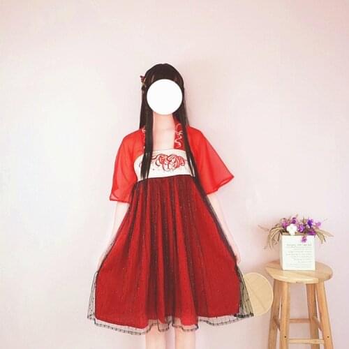 Bi'An Hua--Manjusaka Embroidery Elegant Chinese Tradition Hanfu Red Ruqun Dress Flare Sleeves Vintage Dress One-Piece