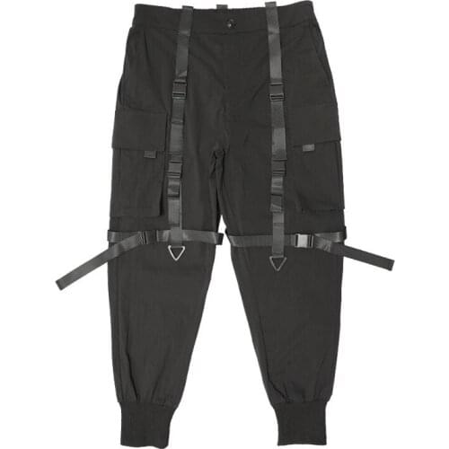 Men Fashion 2021 Black Ribbons Casual Pants Streetwear Men Gothic Motorcycle Tracksuit Joggers Men Unique Personality Sweatpants