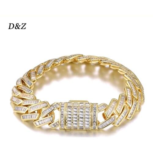 D&Z 2021 New 15mm Baguette Prong Cuban Link Bracelet Box Buckle Fashion 8inch Miami Cuban Chain Bracelets Hip Hop Jewelry