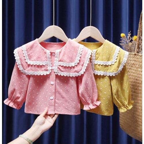 Baby Kids Ruffles Blouse Children Spring Lace Shirt Long Sleeve Tops Toddler Girls Cotton Polka Dots Clothing Peter Pan Collar