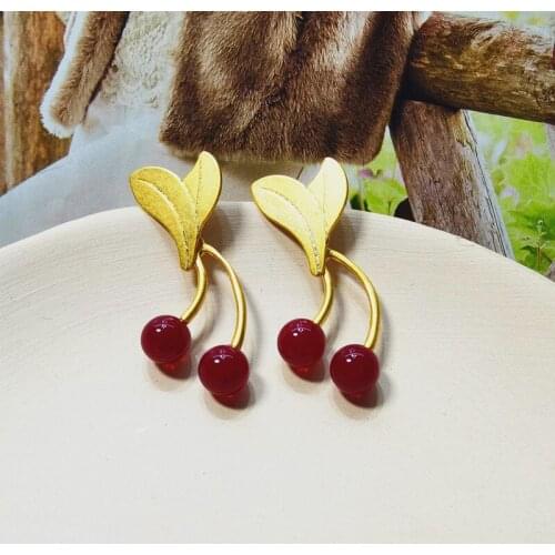 European and American simple red retro style geometric inlaid cherry earrings womens earrings sweet girl new