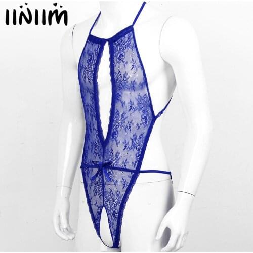 Iiniim Mens Exotic Clubwear Costumes Lace Crotchless Sissy Floral Lingerie Babydolls Backless Crotchless Bodysuit Nightwear
